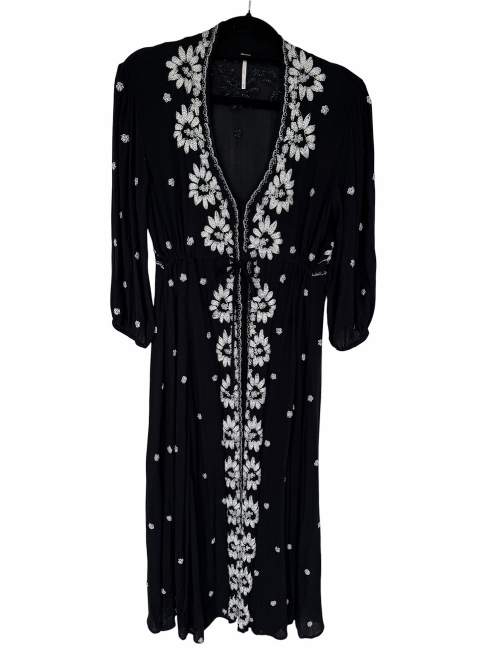 ✅ Free People Black Fable Midi Dress with White Floral Embroidery size S